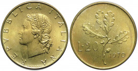 Monetazione in lire - 20 lire 1970 - "P" - D/ REPVBBLICA ITALIANA, Cerere coronata - R/ Ramo di quercia - Gig 197a - BA 
FDC
Spedizione in tutto il ...