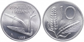 Monetazione in lire - 10 lire 1953 D/ REPVBBLICA ITALIANA, aratro, data e r. R/ Valore fra 2 spighe di grano - Gig. 236 - IT - Perizia Gaudenzi 
FDC...