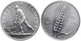 Monetazione in lire - 2 Lire 1946 D/ REPVBBLICA ITALIANA, contadino con aratro - R/ Spiga di grano - Gig. 324 - IT - raro (R) - Perizia Emilio Tevere...
