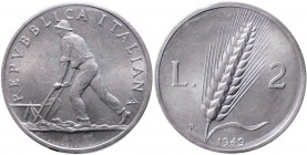 Monetazione in lire - 2 Lire 1949 - D/ REPVBBLICA ITALIANA, contadino con aratro - R/ Spiga di grano, valore, data e R . - Gigante 327 - IT - NC - Per...