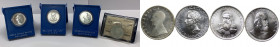Lotto di quattro monete da cinquecento Lire in Argento, tutte in astuccio o confezine di zecca: cinquecento Lire Marconi 1964; cinquecento Lire; Virgi...