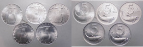 Monetazione in lire - lotto di 5 monete da 5 Lire 1951 – 1952 – 1953 – 1954 – 1955 D/ REPVBBLICA ITALIANA e timone - R/ Delfino - Gig 282 – 283- 284 –...