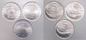 Monetazione in lire - lotto di 3 monete da 5 Lire 1966 – 1968 – 1996 D/ REPVBBLICA ITALIANA, timone - R/ Delfino - Mont.11- 13 – 45 - IT
FDC
Spedizi...