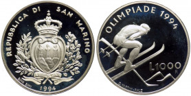 San Marino - Anno 1994 - Moneta Celebrativa da Lire 10000 - Olimpiadi invernali di Lillehammer 1994 in astuccio di velluto nero originale di zecca - F...