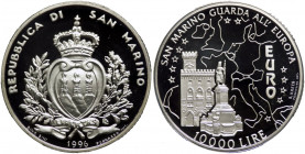San Marino - Anno 1996 - Moneta Celebrativa da Lire 10000 - "San Marino Guarda all' europa" - in astuccio di velluto blu originale di zecca - Ag. - Fo...