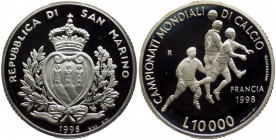 San Marino - Anno 1998 - Moneta Celebrativa da Lire 10000 - "Campionati Mondiali di Calcio 1998" - in astuccio di velluto blu originale di zecca - Ag....