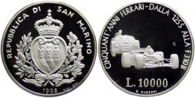 San Marino - Anno 1998 - Moneta Celebrativa da Lire 10000 - "Cinquant'anni di Ferrari - Dalla 125 S alla F 310 B" - in astuccio di velluto blu origina...
