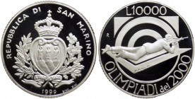 San Marino - Anno 1999 - Moneta Celebrativa da Lire 10000 - "Olimpiadi del 2000" - in astuccio di velluto blu originale di zecca - Fondo Specchio.
FS...