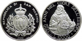 San Marino - Anno 2000 - Moneta Celebrativa da Lire 10000 - "1700 Anni dalla Fondazione della Repubblica di San Marino" - in astuccio di velluto blu o...