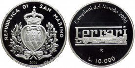 San Marino - Anno 2001 - Moneta Celebrativa da Lire 10000 - "Ferrari Campione del Mondo 2000" - in astuccio di velluto blu originale di zecca - Ag. - ...