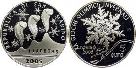 San Marino - Anno 2005 - Moneta Celebrativa da 5 euro - Olimpiadi Invernali Torino 2006 - in cofanetto marrone originale di zecca - Ag. - Fondo Specch...