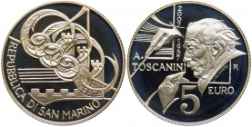 San Marino - Anno 2007 - Moneta Celebrativa da 5 euro - Arturo Toscanini Cinquantesimo Anniversario della Morte - in cofanetto marrone originale di ze...