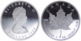 Canada - Elisabetta II (Dal 1952) 5 Dollari (1 Oncia) 1989 "Foglia d'Acero" - KM#164 - Ag - In elegante cofanetto in legno e velluto, scatola di carto...