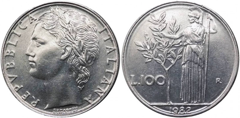 100 lire 1982 tipo Minerva I°tipo - " D/ e R/ con doppio bordo" - Ac 
SPL
Sped...