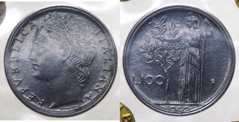 Monetazione in Lire (1946-2001) 100 Lire "Minerva" II°Tipo 1992 D/R Doppio bordo...