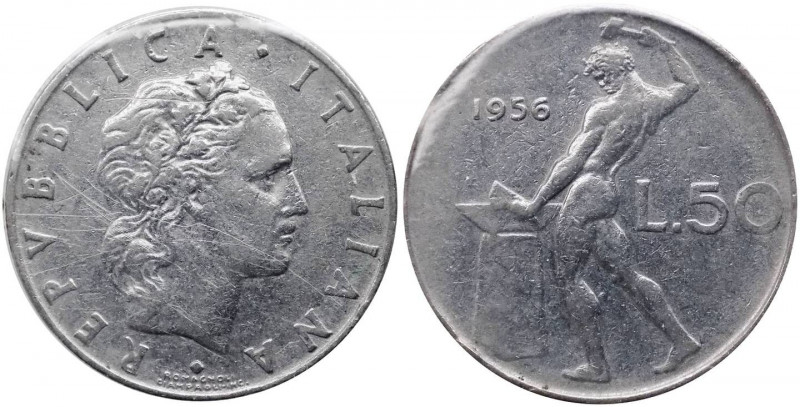 50 lire 1956 tipo Vulcano - "manca segno di zecca " - Attardi J11c - Ac - Perizi...