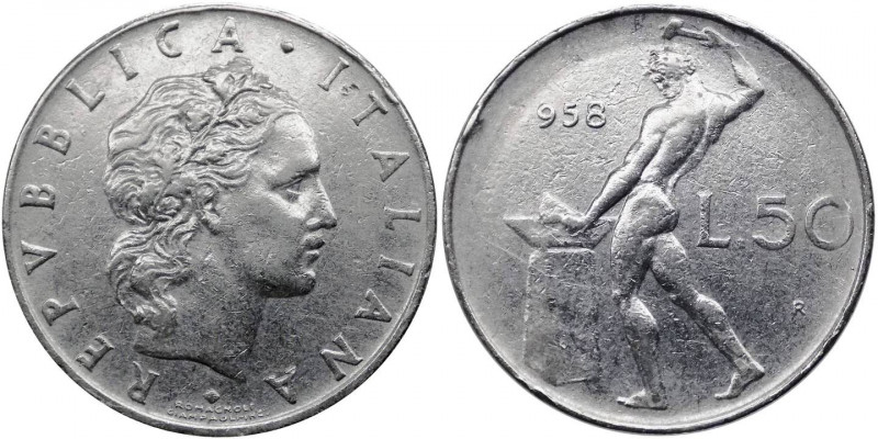 50 lire 1958 tipo Vulcano - "manca 1 della data" - Attardi J13a - molto raro (RR...