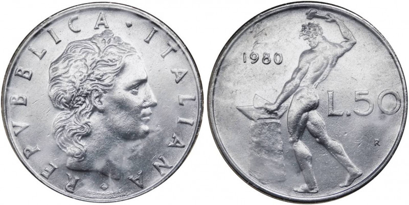 50 lire 1980 tipo Vulcano - "asse del R/ ruotato 45°" - Attardi J35b - non comun...