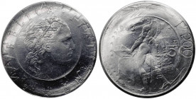 Monetazione in lire - 50 lire 1983 - "ribattuta con punzone delle 500 lire" - moneta artefatta - D/ REPVBBLICA ITALIANA,Testa coronata - R/ Vulcano al...