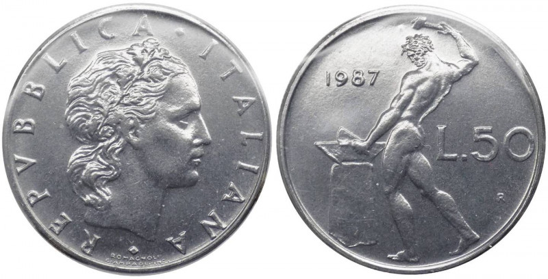 Monetazione in lire - 50 lire 1987 - "cifra 7 normale" - D/ REPVBBLICA ITALIANA,...