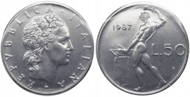 Monetazione in lire - 50 lire 1987 - "cifra 7 normale" - D/ REPVBBLICA ITALIANA,Testa coronata - R/ Vulcano all'incudine - Gig176a -AC - Perizia Gaude...