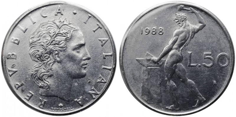 Monetazione in lire - 50 lire 1988 - "cifra 88 più grande" D/ REPVBBLICA ITALIAN...