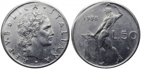 Monetazione in lire - 50 lire 1988 - "cifra 88 più grande" D/ REPVBBLICA ITALIANA,Testa coronata - R/ Vulcano all' incudine - Gig177a - AC - non comun...