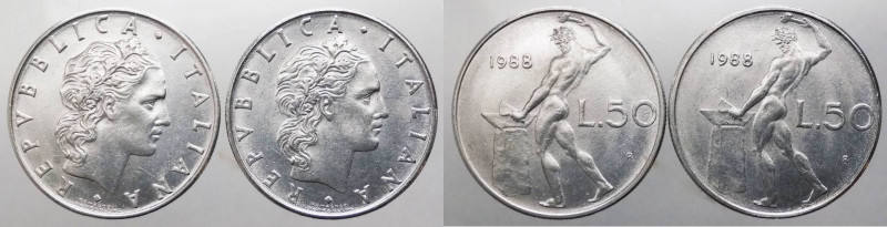 Lotto 2 monete da 50 lire 1988 tipo Vulcano - di cui una con data grande e una c...
