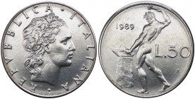 50 lire 1989 tipo Vulcano -" asse del R/ di 90°" - Attardi JAS44g - raro (R) - Ac 
qFDC
Spedizione in tutto il Mondo / Worldwide shipping