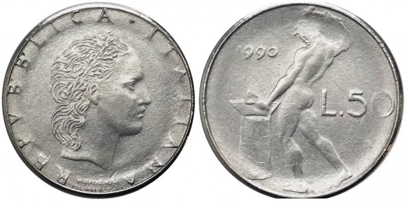 50 lire 1990 tipo Vulcano modulo ridotto - "manca segno di zecca R e 1 della dat...