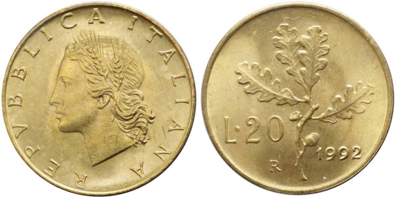 20 lire 1992 tipo ramo di quercia - "intrusione di metallo nel campo a d. del ra...