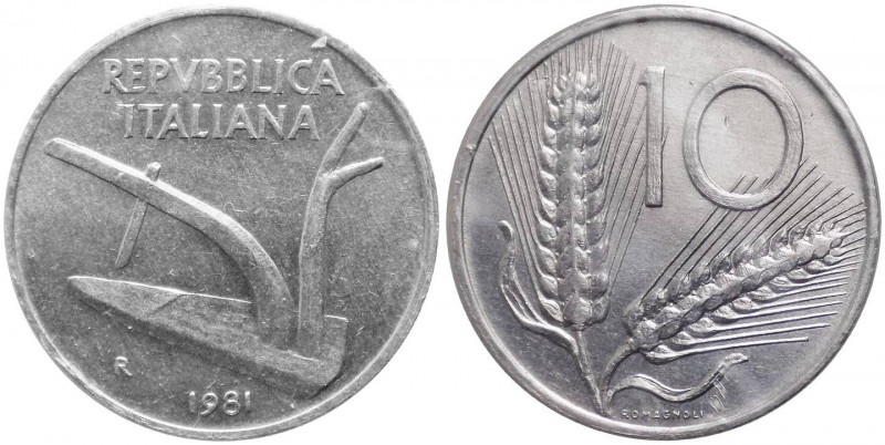 Monetazione in lire - 10 lire 1981 D/ REPVBBLICA ITALIANA, aratro - R/ Valore fr...