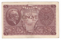 Italia - Luogotenenza di Umberto II (1944-1946) - biglietto da 5 lire - simbolo testina - emissione del 23-11-1944 (1952)- N°serie 0757 180219 - Firme...