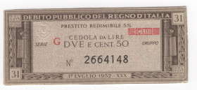 Regno d'Italia - Vittorio Emanuele III (1900-1943) - Cedola da 2,5 lire - Debito Pubblico del regno d'italia - 1937 - Decreto 05-10-1936 - N° serie: 2...