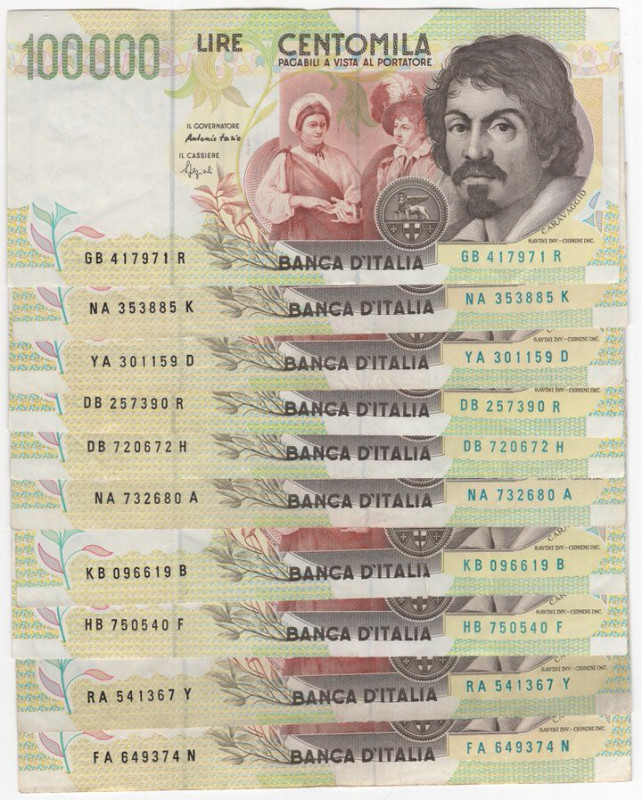 Repubblica Italiana (dal 1946) - lotto da 10 pezzi da 100000 lire Caravaggio II ...