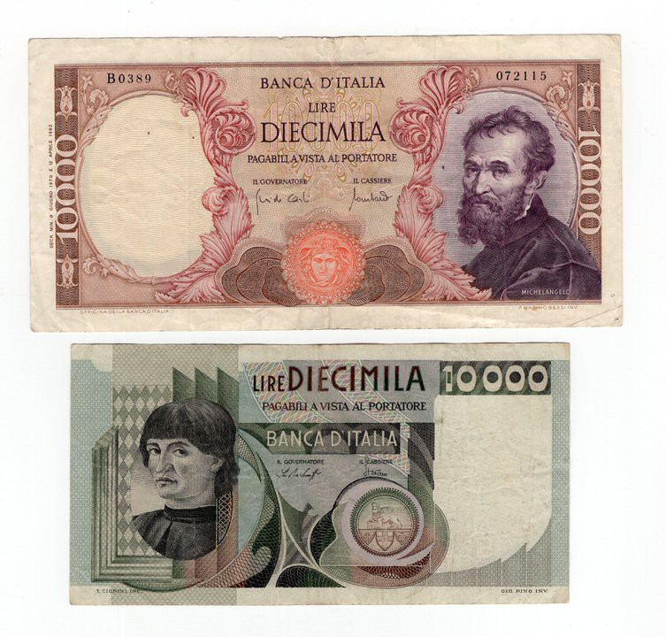 Lotto di 2 banconote - Repubblica Italiana - 10000 Lire "Michelangelo" 1970 e 10...