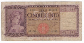 Repubblica Italiana - 500 lire tipo "Italia ornata di spighe" - Contrassegno:Medusa - Decreto 23-03-1961 - N° serie L168021740 - Firme: Carli-Ripa - C...