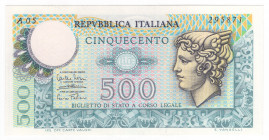 Repubblica Italiana (dal 1946) - Biglietto di Stato da 500 lire tipo "Mercurio", N° serie: A05 295871, decreto del 14.2.1974, Firme: Miconi, Nardi, Fa...