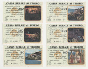 Repubblica Italiana - Banca Rurale di Tesero (Trento) lotto figurato di mini assegni tipo "Amici del presepio" del valore di 100-150-200-250-300-350 l...