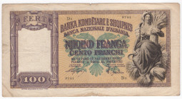 Occupazione Italiane all'Estero - Regno d'Italia e Albania - Banca Nazionale d'Albania - 100 Franchi 1940 - Mosconi/Gambino - Serie D6 n.8741 - Crapan...