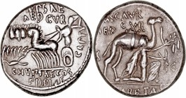 REPÚBLICA ROMANA
AEMILIA
Denario. AR. A/El rey Aretas de rodillas con rama de olivo, detrás camello, alrededor ley. R/Júpiter en cuadriga, escorpión...