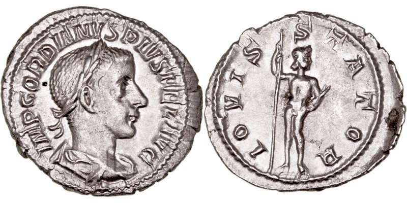 IMPERIO ROMANO
GORDIANO III
Denario. AR. R/IOVIS STATOR. Júpiter en pie de fre...