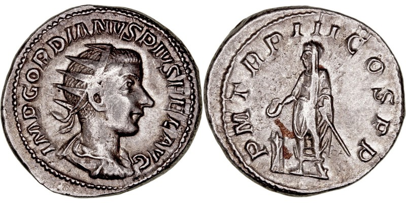IMPERIO ROMANO
GORDIANO III
Antoniniano. AR. R/P.M. TR. P. III COS. P.P. 5,04 ...