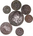 MONARQUÍA ESPAÑOLA
LOTES DE CONJUNTO
Lote de 7 monedas. AE. Felipe III 2 Maravedís (2) y 4 Maravedís (2), Carlos III 4 y 8 Maravedís 1784 y 1776 Seg...