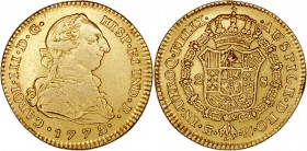 MONARQUÍA ESPAÑOLA
CARLOS III
2 Escudos. AV. Madrid PJ. 1772. 6,72 g. CAL.445. Muy escasa. BC+/MBC-