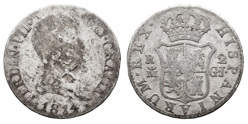 MONARQUÍA ESPAÑOLA
FERNANDO VII
2 Reales. AR. Madrid GJ. 1814. Resello parrill...
