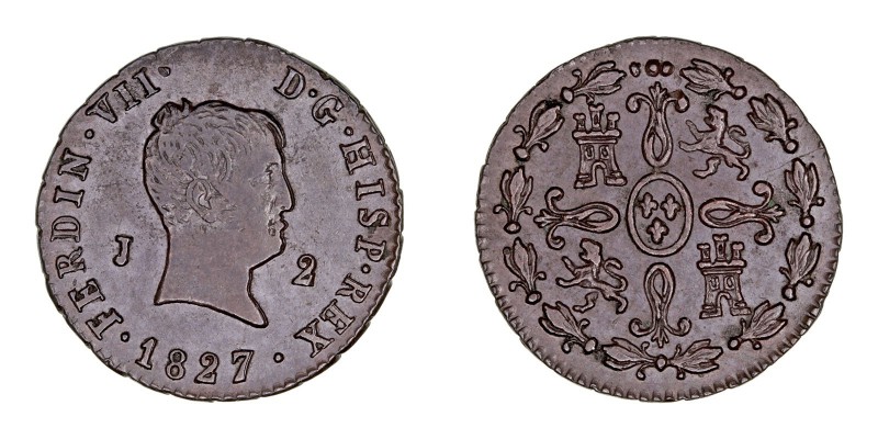 MONARQUÍA ESPAÑOLA
FERNANDO VII
2 Maravedís. AE. Jubia. 1827. Tipo 'cabezón'. ...