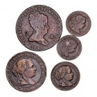 MONARQUÍA ESPAÑOLA
ISABEL II
Lote de 5 monedas. AE. 8 Maravedís 1841 Segovia, 2 1/2 Céntimos 1868 Barcelona, Céntimo 1868 Sevilla, 1/2 Céntimo 1867 ...