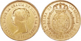 MONARQUÍA ESPAÑOLA
ISABEL II
Doblón de 100 Reales. AV. Madrid CL. 1850. 8,27 g. CAL.3. Conserva brillo. EBC/EBC+