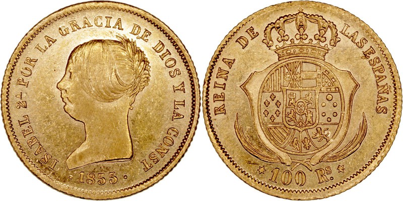MONARQUÍA ESPAÑOLA
ISABEL II
100 Reales. AV. Madrid. 1855. 8,37 g. CAL.19. Bel...